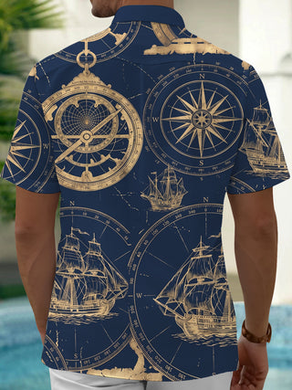 Adaychic Men's Hawaiian Vintage Compass Rose Print Short Sleeve Shirt with Chest Pocket