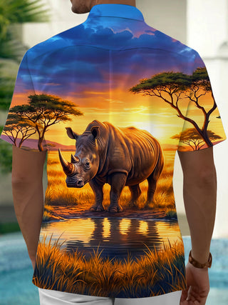 Adaychic Men's Rhino In African Savanna Sunset Print Short Sleeve Shirt with Chest Pocket