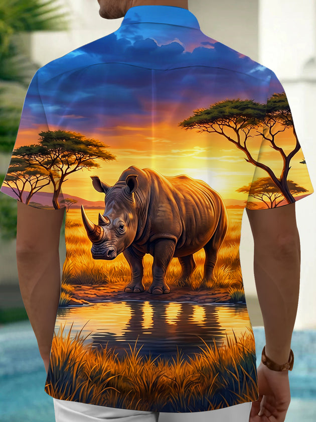Adaychic Men's Rhino In African Savanna Sunset Print Short Sleeve Shirt with Chest Pocket