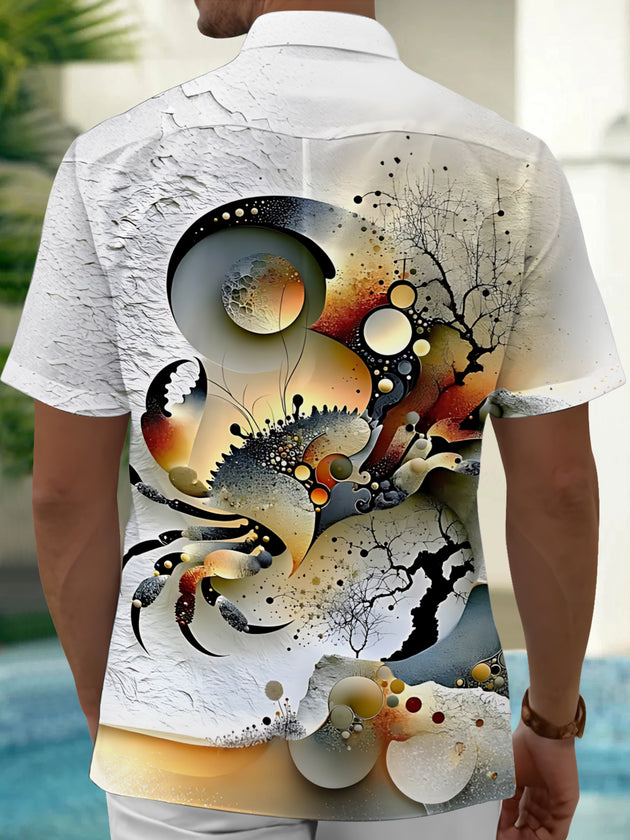 Adaychic Men's Printed Abstract Crab Design Print Short Sleeve Shirt with Chest Pocket