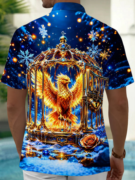 Adaychic Men's Graphic Golden Eagle In Birdcage Print Short Sleeve Shirt with Chest Pocket