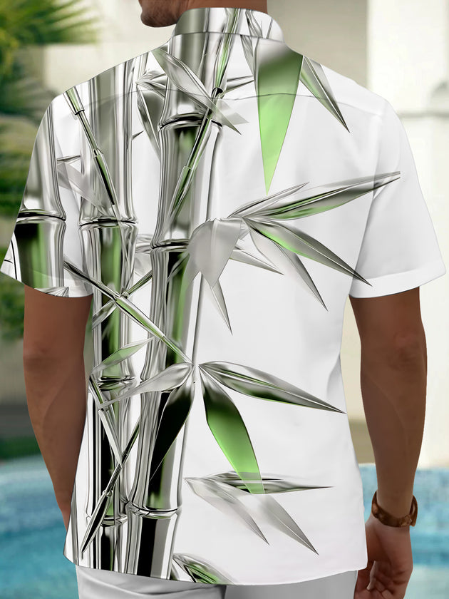 Adaychic Men's 3D Metallic Bamboo Graphic Print Short Sleeve Button Down Shirt with Chest Pocket