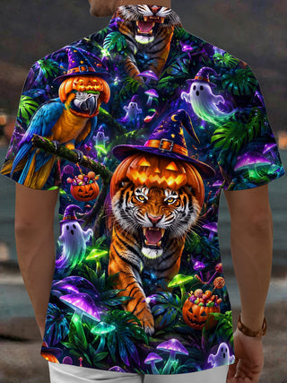 Adaychic Men's Hawaiian Halloween Tiger Print Short Sleeve Shirt