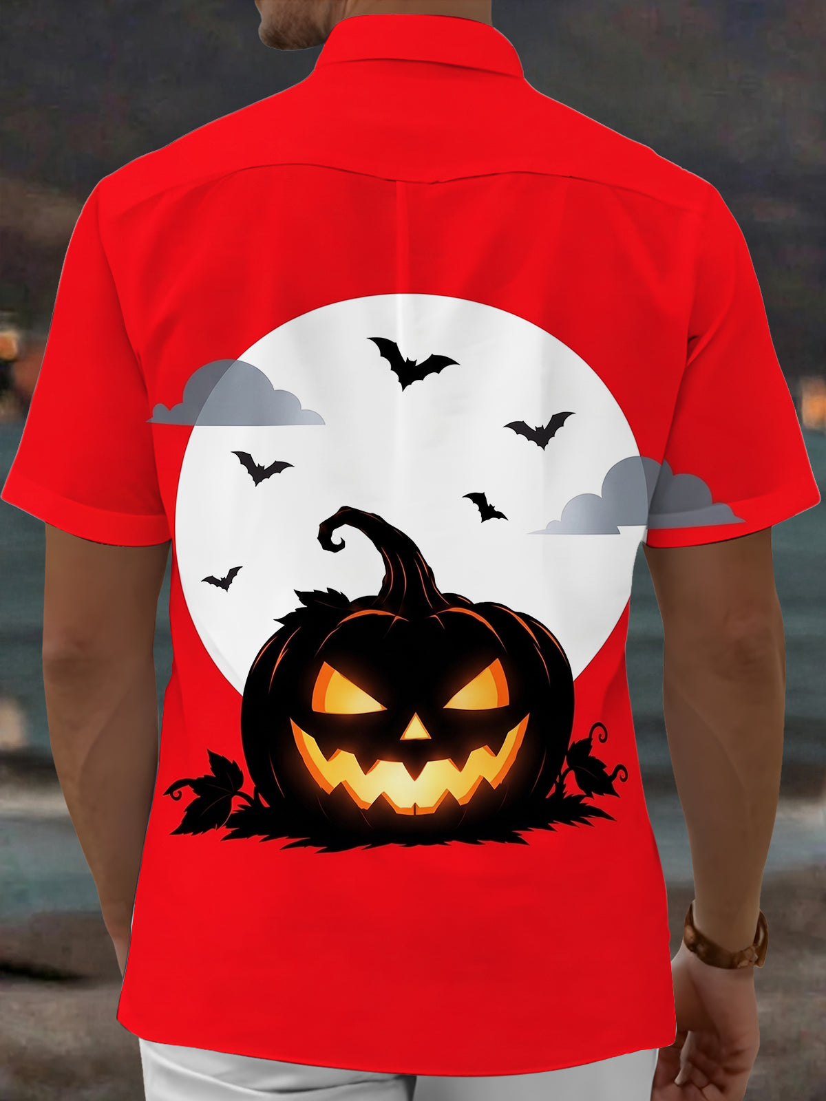 Adaychic Men's Halloween Jack-o-lantern And Bats Print Short Sleeve Shirt with Chest Pocket