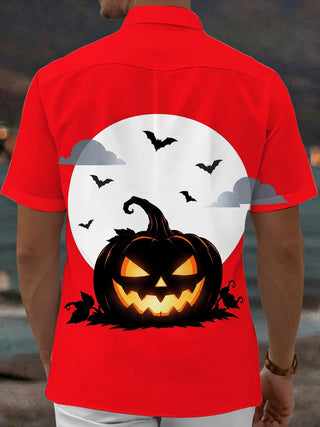 Adaychic Men's Halloween Jack-o-lantern And Bats Print Short Sleeve Shirt with Chest Pocket
