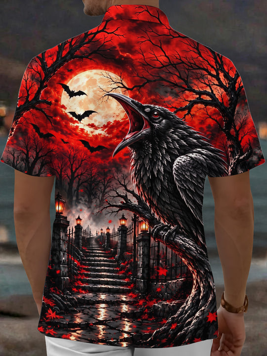 Adaychic Men's Graphic Halloween Crow Print Full Moon Print Short Sleeve Shirt with Chest Pocket