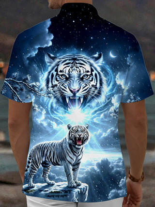 Adaychic Men's Graphic White Tiger Print Short Sleeve Shirt with Chest Pocket