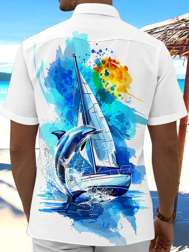 Hawaiian Dolphin Boat Men's Pocket Short Sleeve Shirts