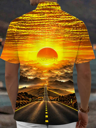 Adaychic Men's Hawaiian Sunset Landscape Print Short Sleeve Shirt with Chest Pocket