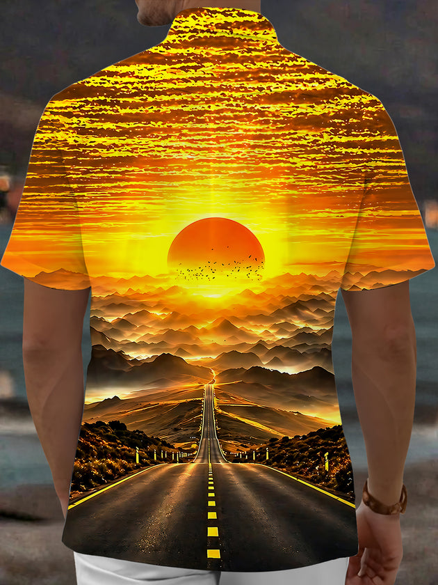 Adaychic Men's Hawaiian Sunset Landscape Print Short Sleeve Shirt with Chest Pocket