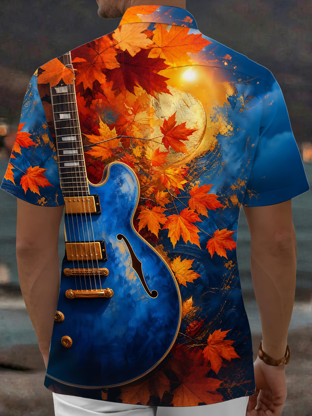 Adaychic Men's Graphic Autumn Maple Leaves Print Short Sleeve Shirt with Chest Pocket