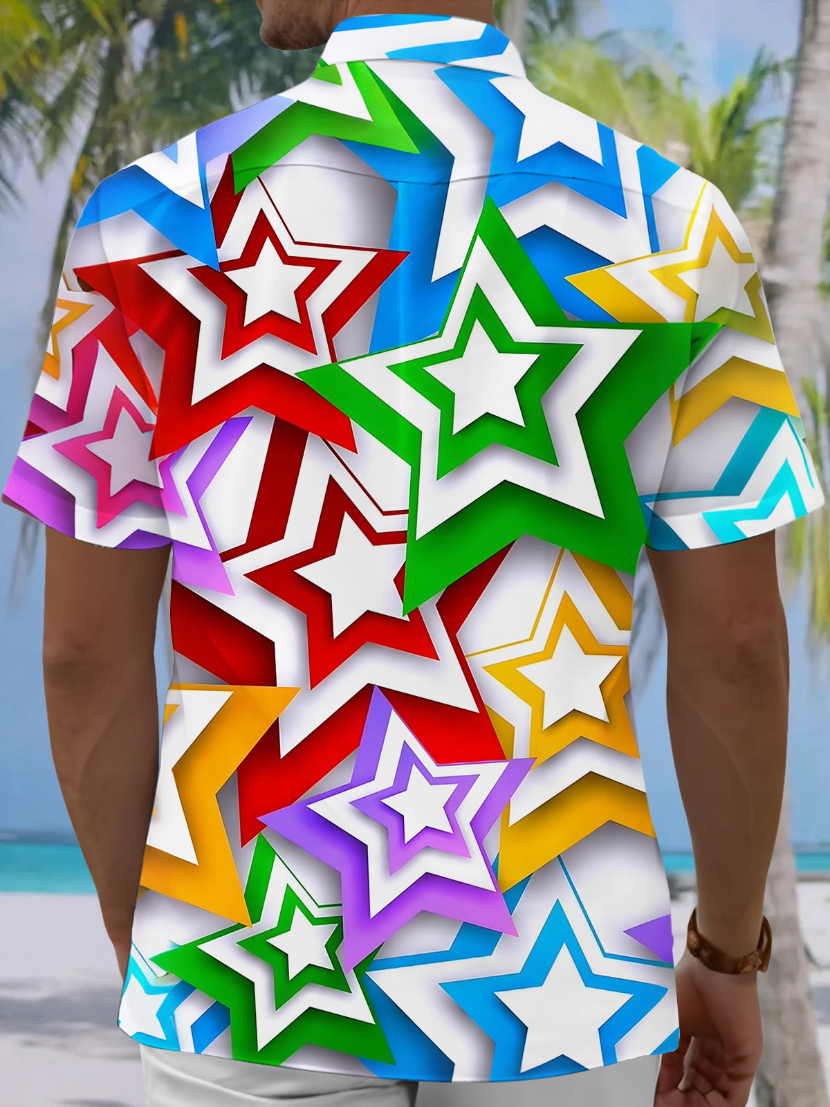 Colorful Geometric Star Print Men's Pocket Short Sleeve Shirts