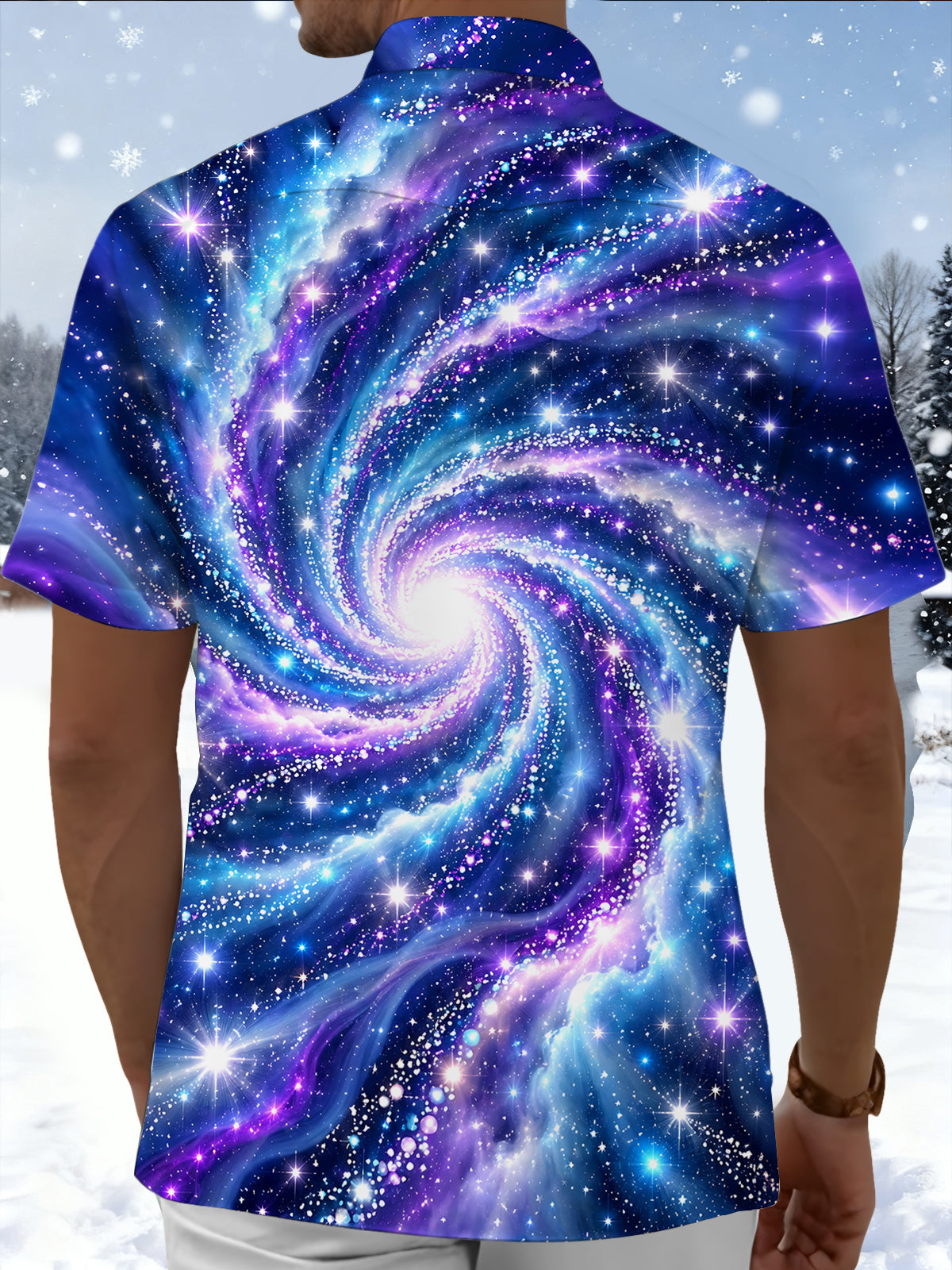 Adaychic Men's Printed Galaxy Swirl Print Short Sleeve Shirt