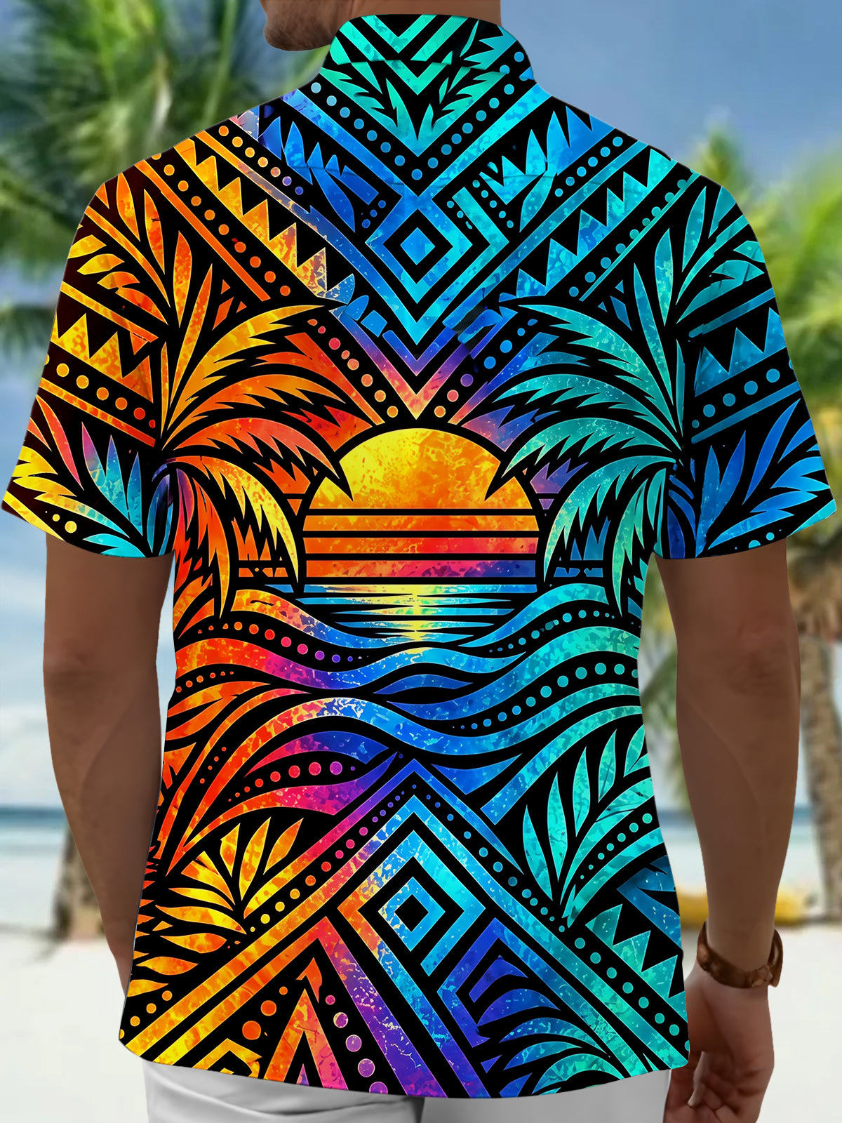 Adaychic Men's Geometric Sunset And Palm Trees Print Short Sleeve Shirt with Chest Pocket