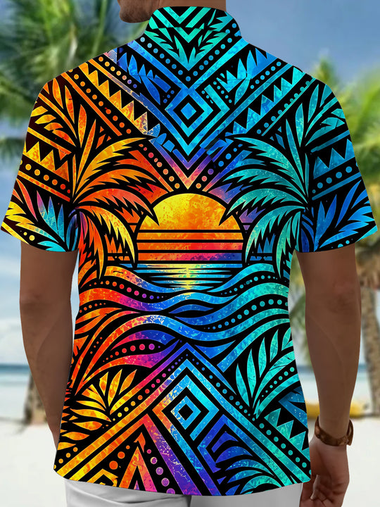 Adaychic Men's Geometric Sunset And Palm Trees Print Short Sleeve Shirt with Chest Pocket