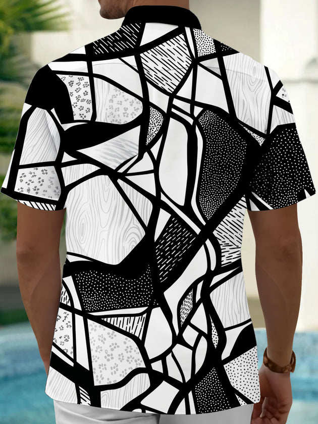 Adaychic Men's Patterned Abstract Geometric Lines Print Short Sleeve Shirt with Chest Pocket