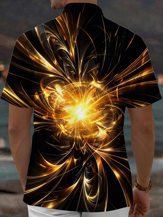 Adaychic Men's 3D Golden Light Burst Print Short Sleeve Shirt with Chest Pocket