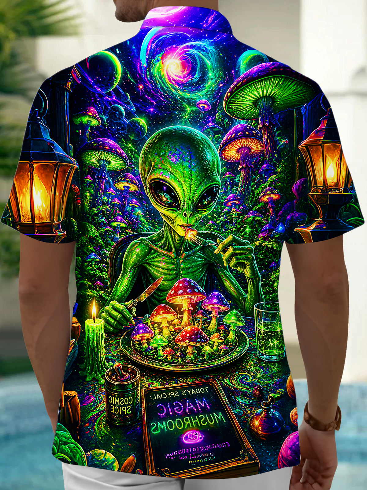 Adaychic Men's Graphic Abstract Alien Magic Mushroom Print Short Sleeve Button Down Shirt with Chest Pocket