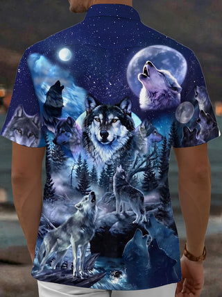 Adaychic Men's Hawaiian Howling Wolves Print Short Sleeve Shirt with Chest Pocket
