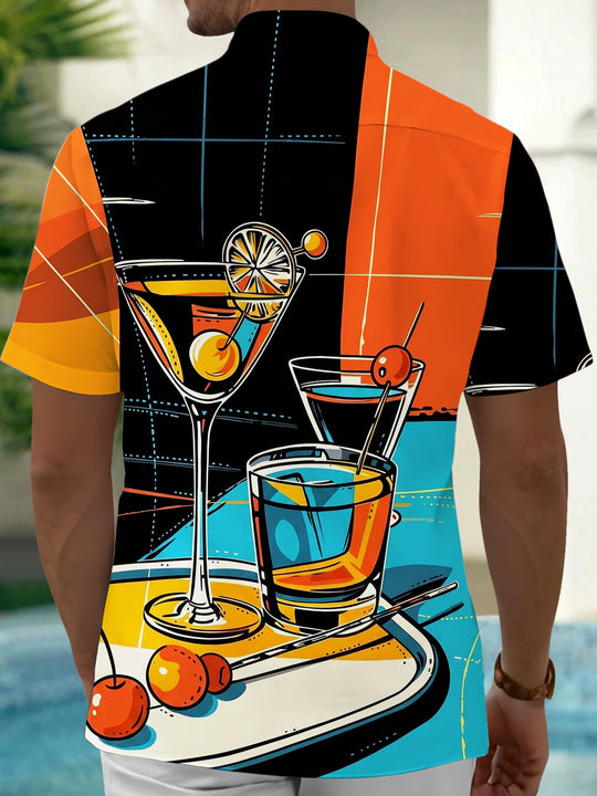 Adaychic Men's Cocktail Drink Graphic Print Short Sleeve Button Down Shirt with Chest Pocket