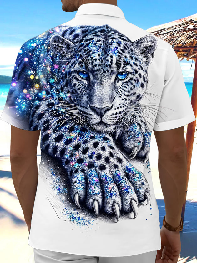 Men's Cheetah Print Pocket Short Sleeve Shirt Back View