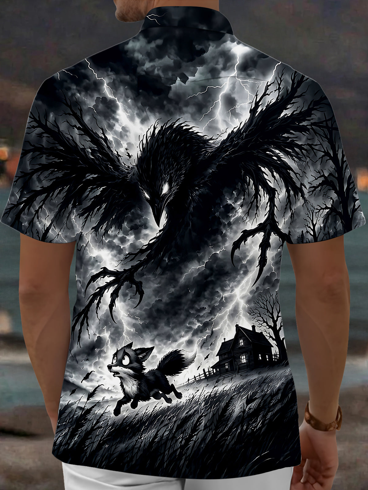 Adaychic Men's Halloween Black Crow And Running Fox Print Short Sleeve Shirt with Chest Pocket