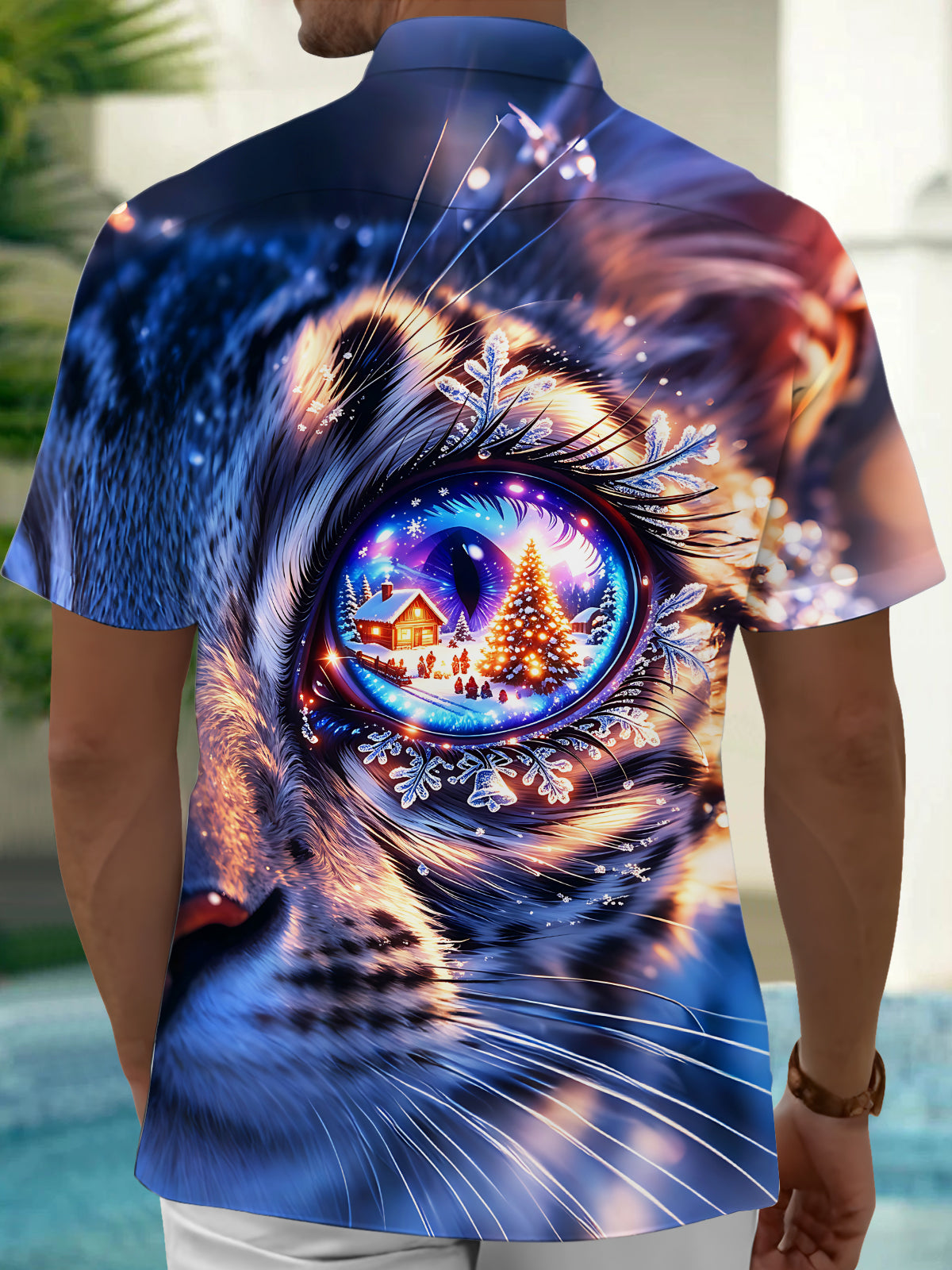 Adaychic Men's Graphic Cat Eye Print Christmas Fantasy Print Short Sleeve Shirt with Chest Pocket