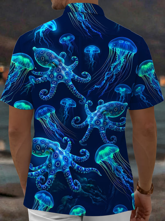 Adaychic Men's Hawaiian Neon Jellyfish Print Octopus Print Short Sleeve Shirt