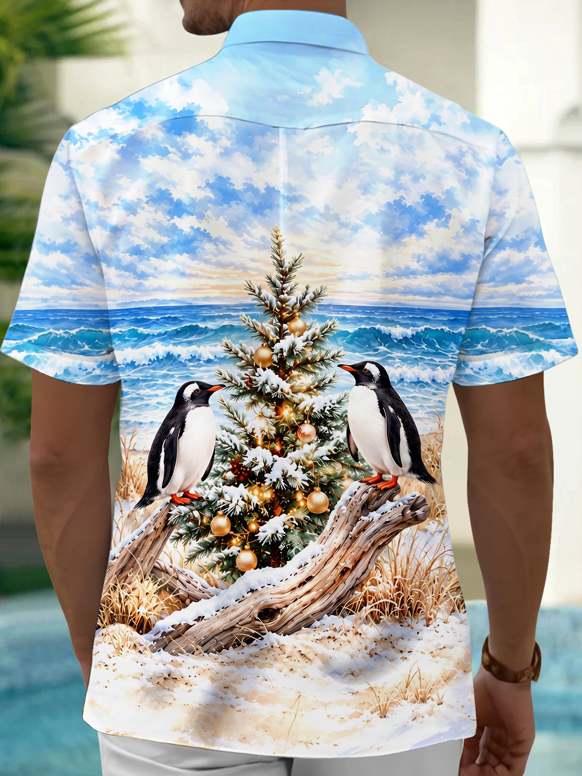 Adaychic Men's Hawaiian Penguins And Christmas Tree Print Short Sleeve Shirt with Chest Pocket