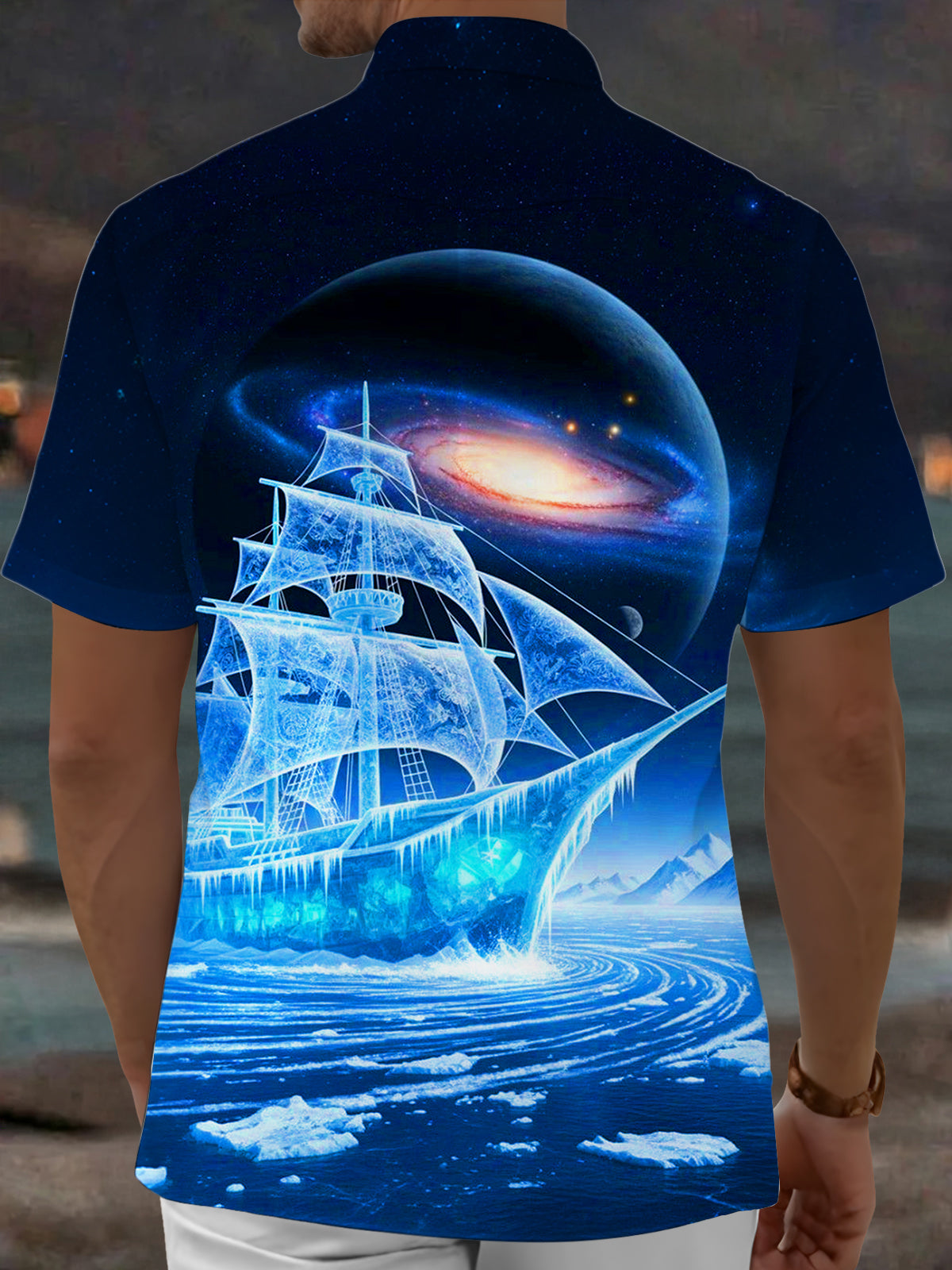 Adaychic Men's Graphic Galaxy Planet Print Short Sleeve Shirt with Chest Pocket