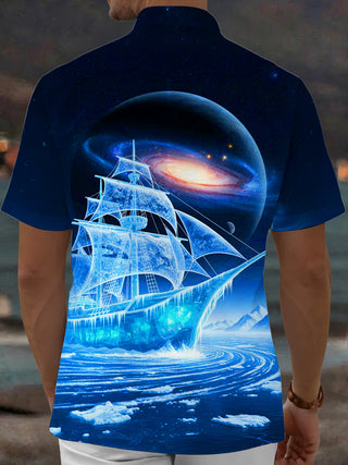 Adaychic Men's Graphic Galaxy Planet Print Short Sleeve Shirt with Chest Pocket