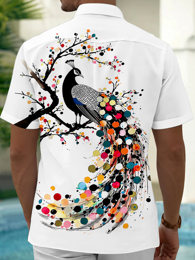 Adaychic Men's Printed Colorful Peacock Print Short Sleeve Shirt with Chest Pocket