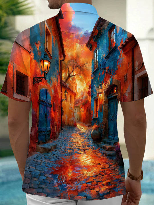 Adaychic Men's Vintage Style European Street Scene Print Short Sleeve Shirt with Chest Pocket