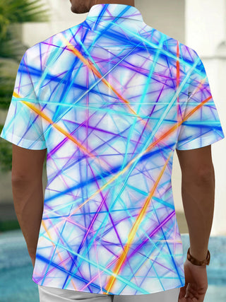 Adaychic Men's Colorful Geometric Lines Print Short Sleeve Shirt with Chest Pocket