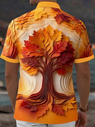 Adaychic Men's 3D Autumn Maple Tree Leaves Print Short Sleeve Shirt with Chest Pocket