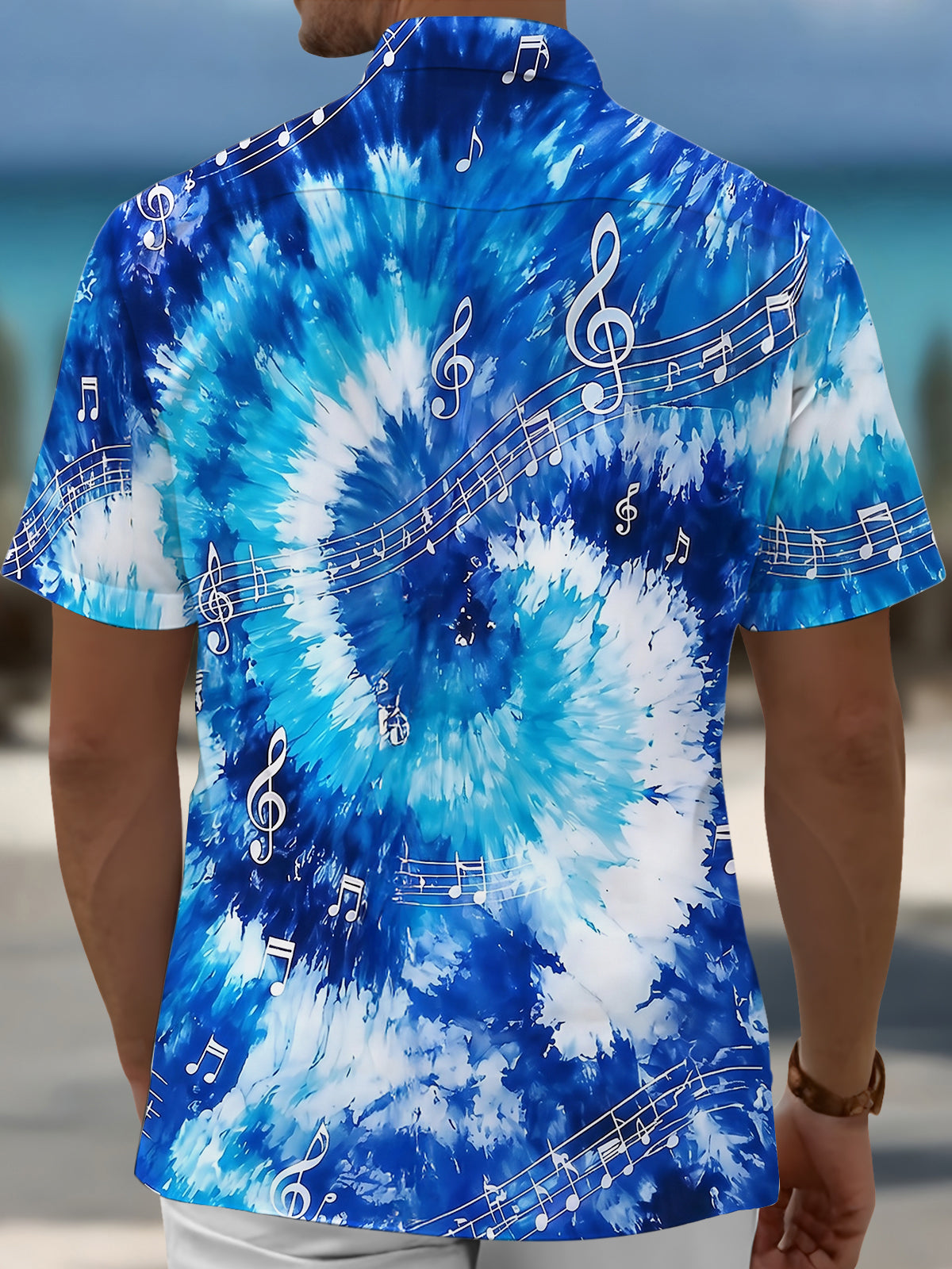Adaychic Men's Graphic Musical Notes Print Short Sleeve Shirt with Chest Pocket