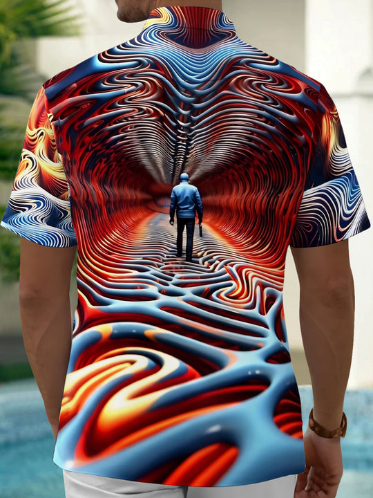 Adaychic Men's Graphic Optical Illusion Waves Print Short Sleeve Shirt with Chest Pocket