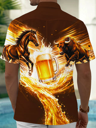 Adaychic Men's Graphic Bull And Horse With Beer Splash Print Short Sleeve Shirt with Chest Pocket
