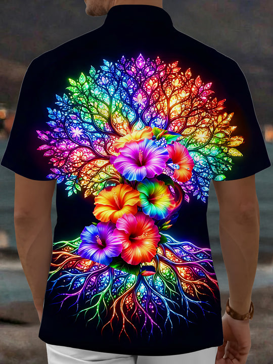 Adaychic Men's Hawaiian Neon Rainbow Tree Of Life Print Short Sleeve Shirt with Chest Pocket
