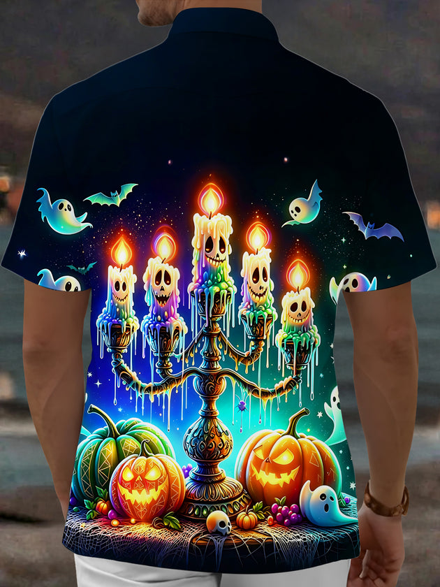 Adaychic Men's Graphic Halloween Candelabra Print Short Sleeve Shirt with Chest Pocket
