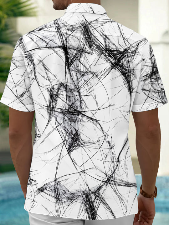 Adaychic Men's Printed Abstract Black Scribble Lines Print Short Sleeve Shirt with Chest Pocket