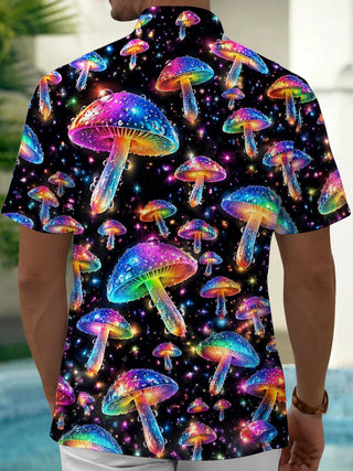 Adaychic Men's Printed Psychedelic Rainbow Mushrooms Print Short Sleeve Shirt with Chest Pocket