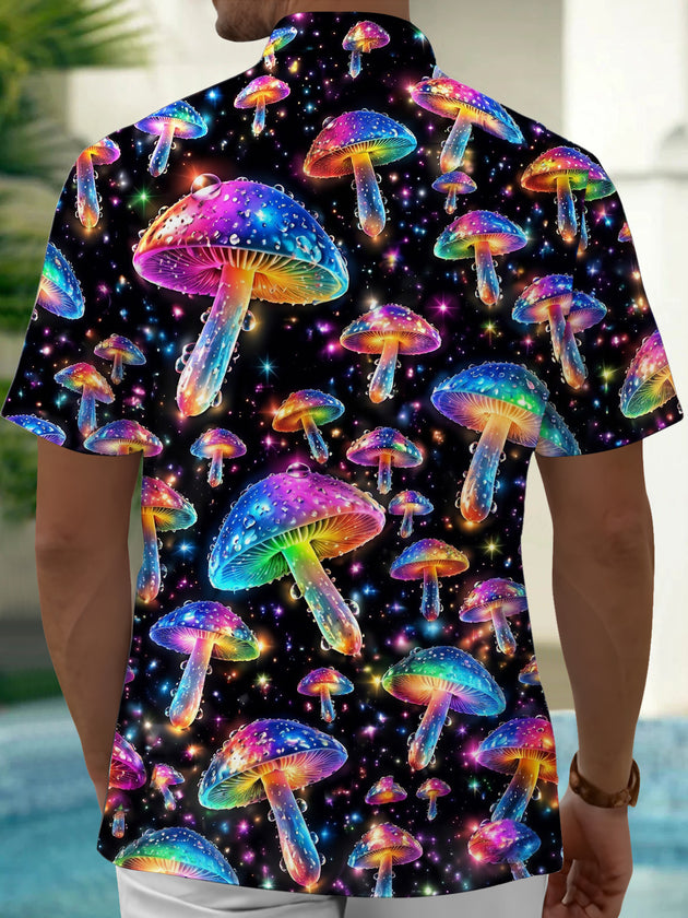 Adaychic Men's Printed Psychedelic Rainbow Mushrooms Print Short Sleeve Shirt with Chest Pocket