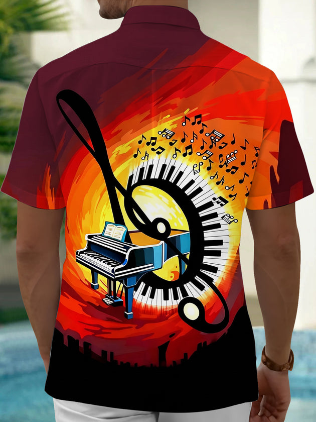 Adaychic Men's Hawaiian Piano Keyboard Print Short Sleeve Shirt with Chest Pocket