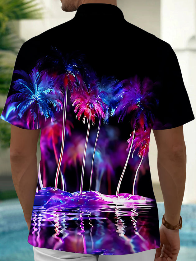 Adaychic Men's Hawaiian Neon Palm Trees Print Short Sleeve Shirt with Chest Pocket