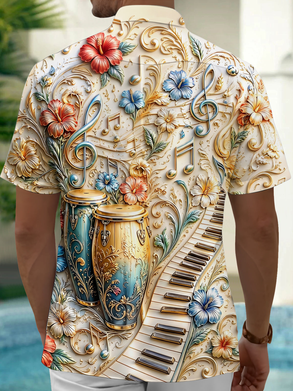 Adaychic Men's 3D 3D Relief Musical Instruments Print Short Sleeve Shirt with Chest Pocket
