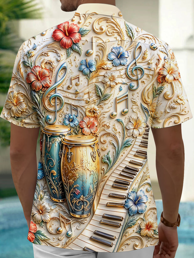 Adaychic Men's 3D 3D Relief Musical Instruments Print Short Sleeve Shirt with Chest Pocket