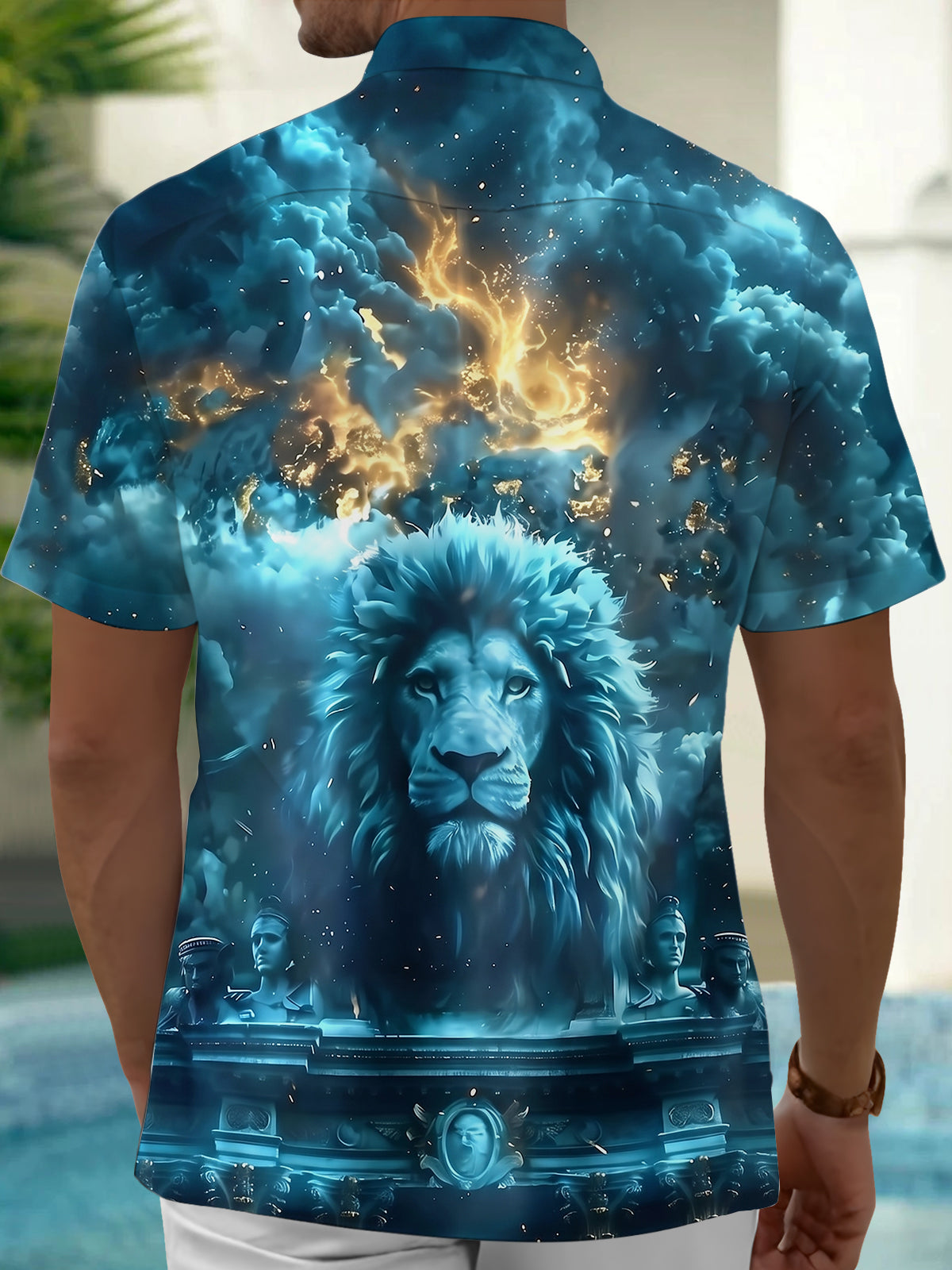 Adaychic Men's Hawaiian Lion Portrait Print Short Sleeve Shirt with Chest Pocket