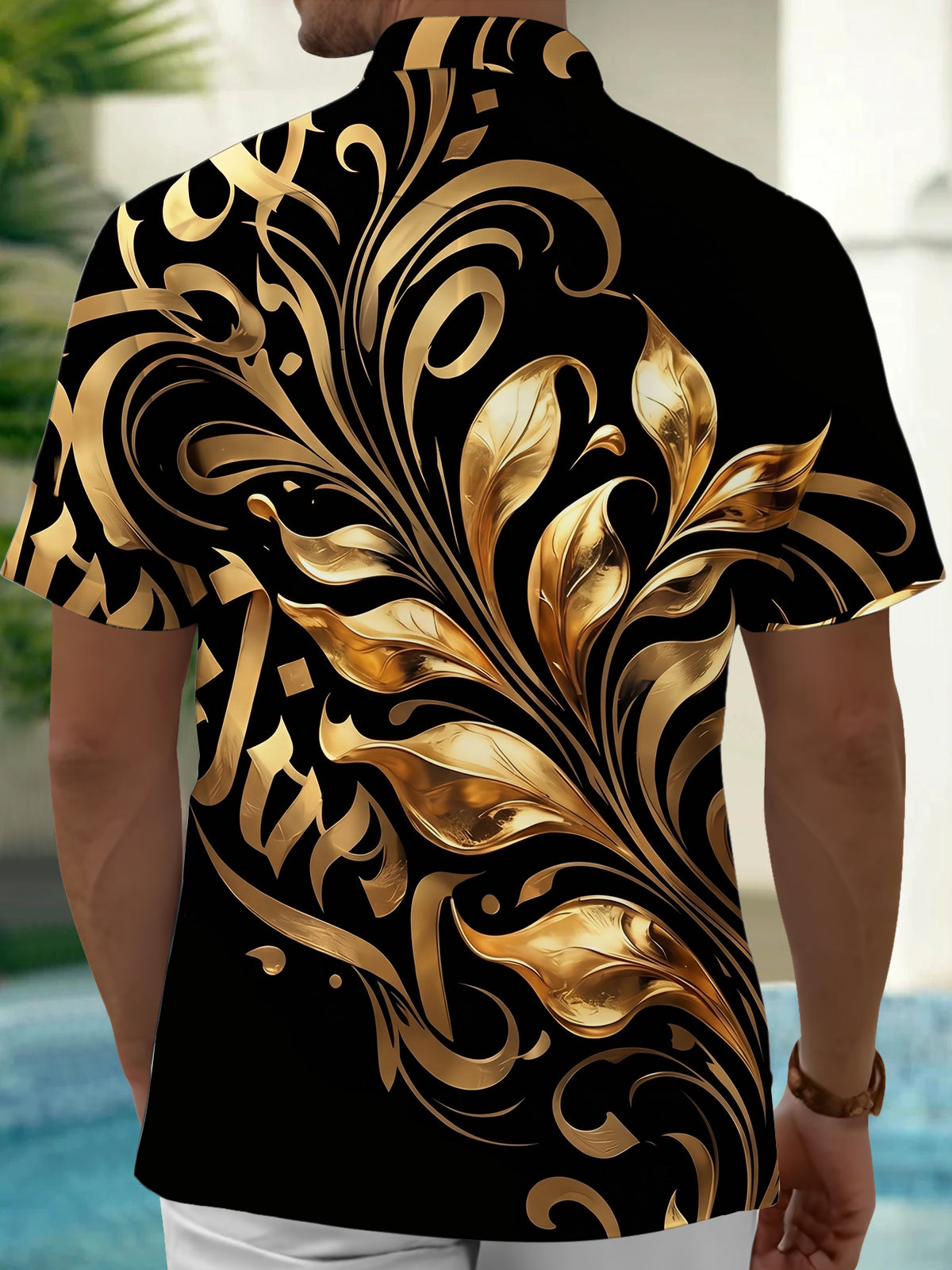 Adaychic Men's Gold Baroque Scroll And Leaf Pattern Short Sleeve Shirt with Chest Pocket