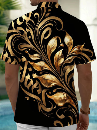 Adaychic Men's Gold Baroque Scroll And Leaf Pattern Short Sleeve Shirt with Chest Pocket